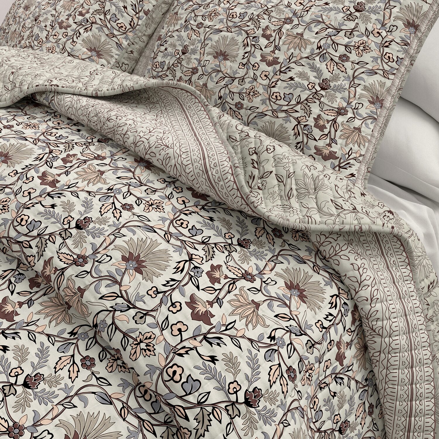 Linery Neutral Floral Reversible Quilt Set