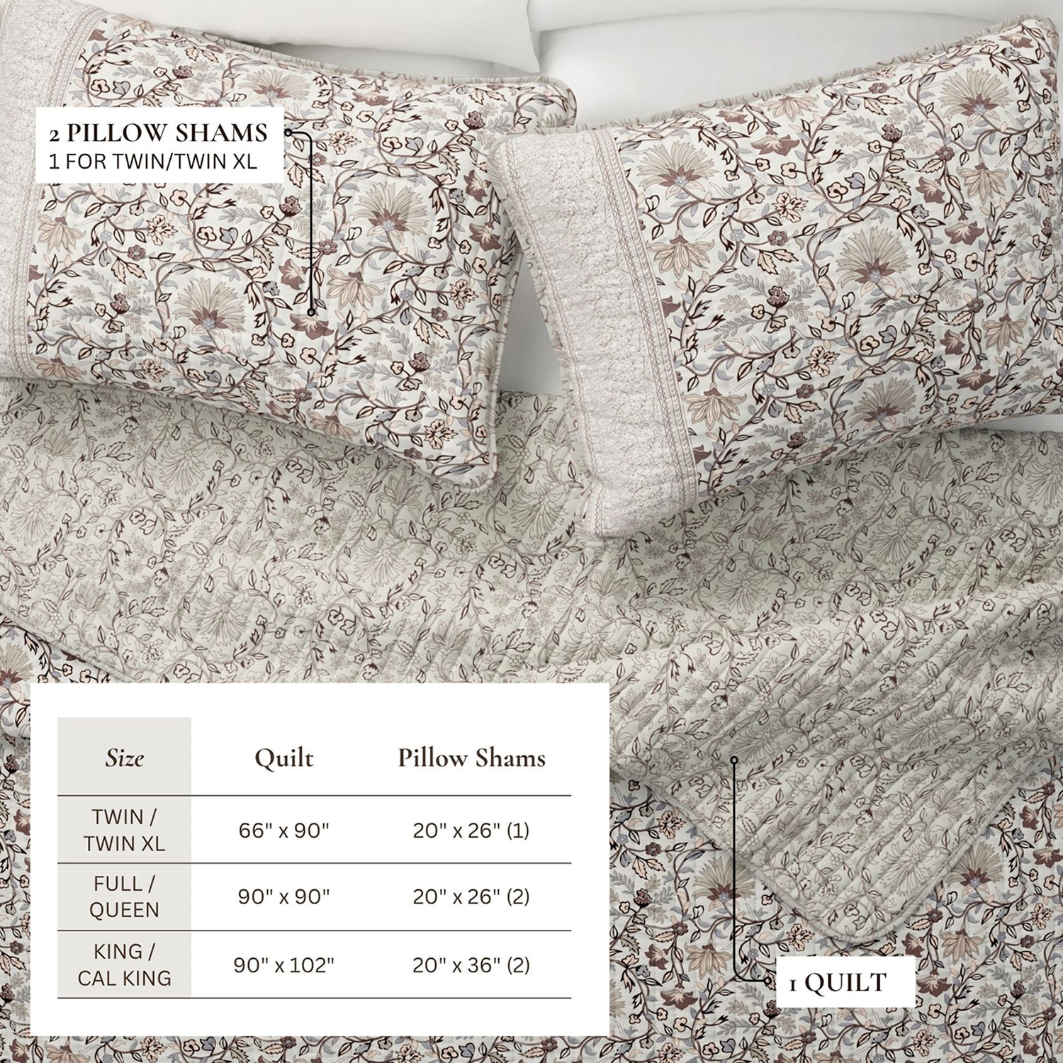 Linery Neutral Floral Reversible Quilt Set