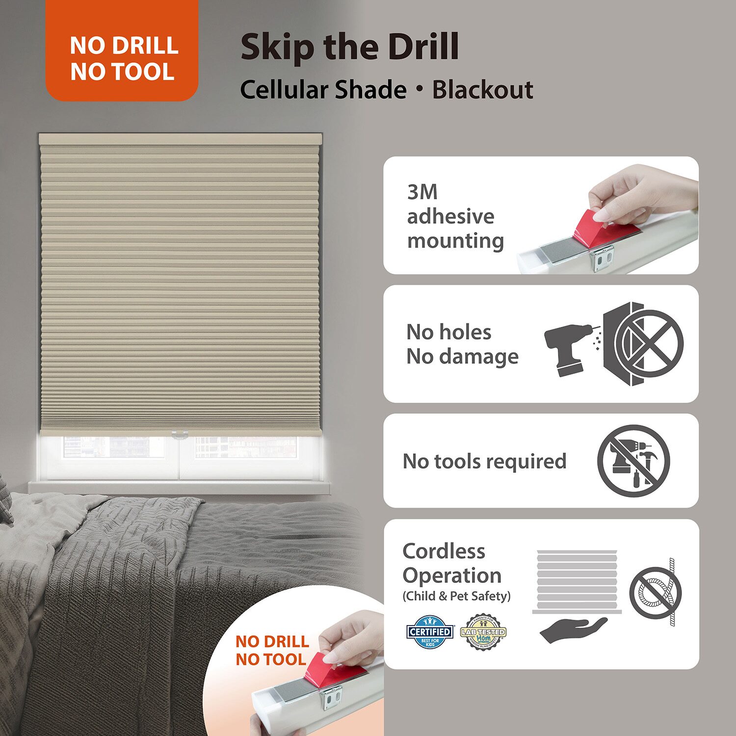 Eco Estates Ez Stick No Tool 1.5" Cut-To-Width Cordless 100% Blackout Cellular Shade