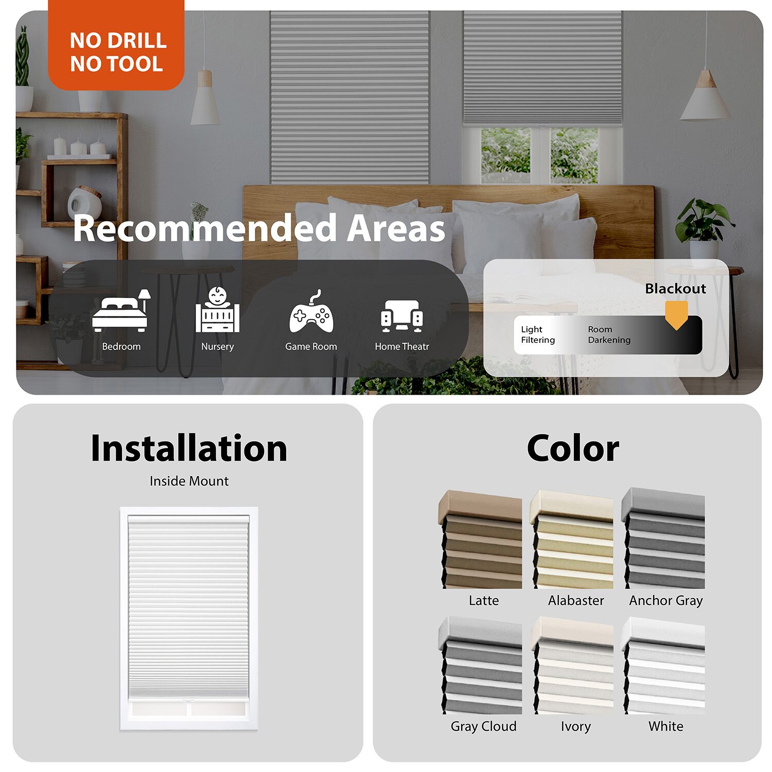 Eco Estates Ez Stick No Tool 1.5" Cut-To-Width Cordless 100% Blackout Cellular Shade