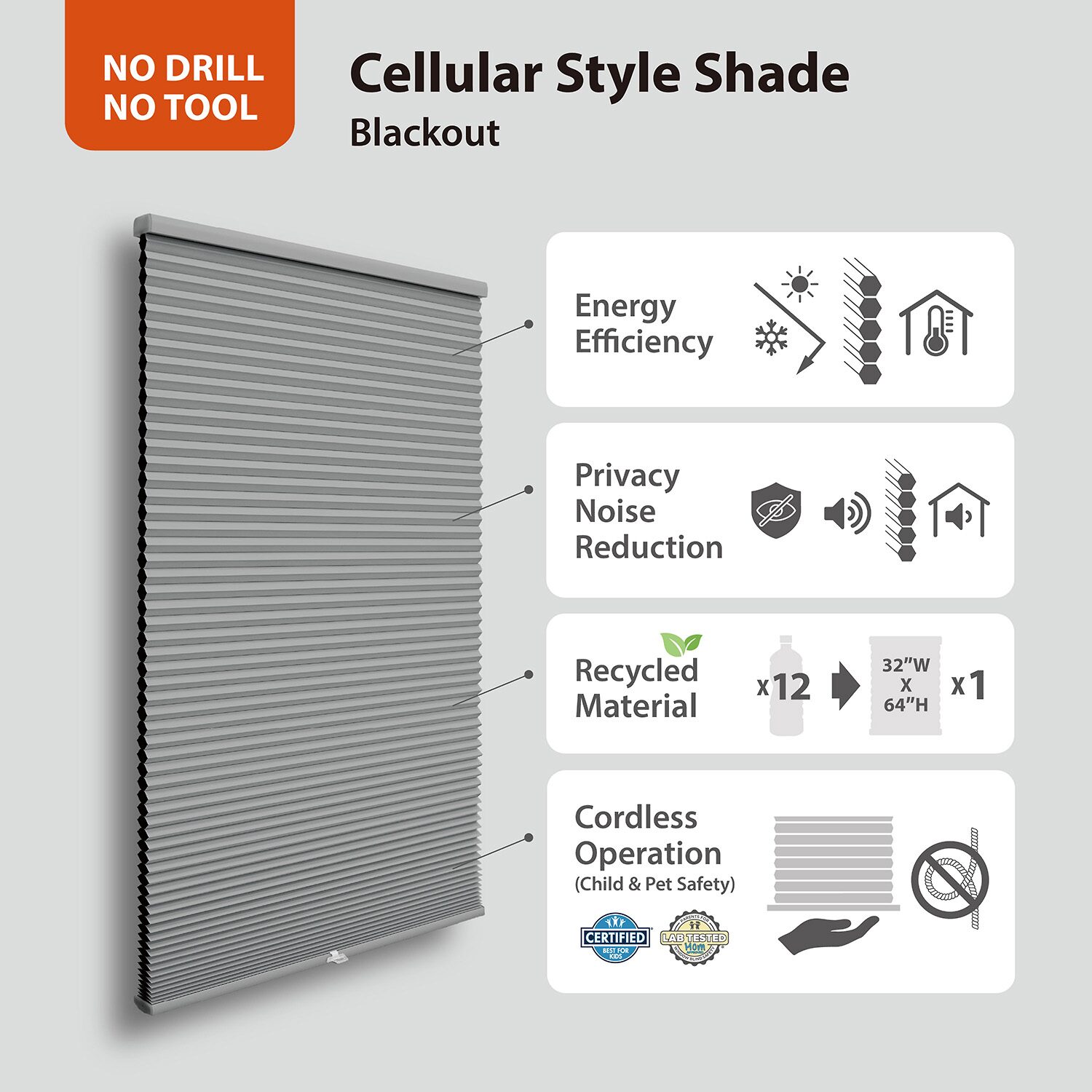 Eco Estates Ez Stick No Tool 1.5" Cut-To-Width Cordless 100% Blackout Cellular Shade