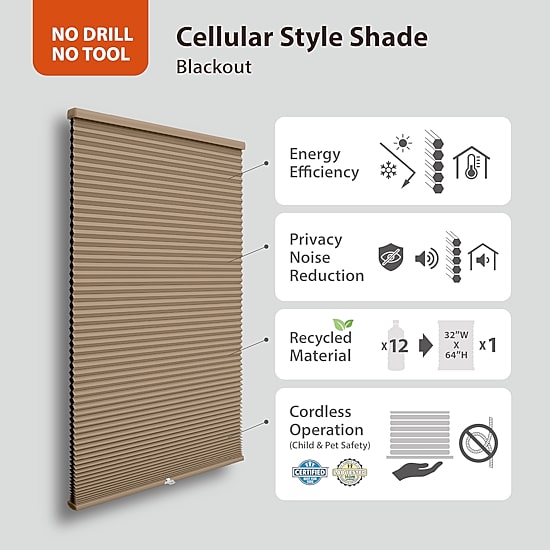 Eco Estates Ez Stick No Tool 1.5" Cut-To-Width Cordless 100% Blackout Cellular Shade