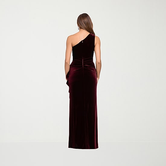 DJ Jaz Womens Asymmetrical Neck Sleeveless Velvet Evening Gown