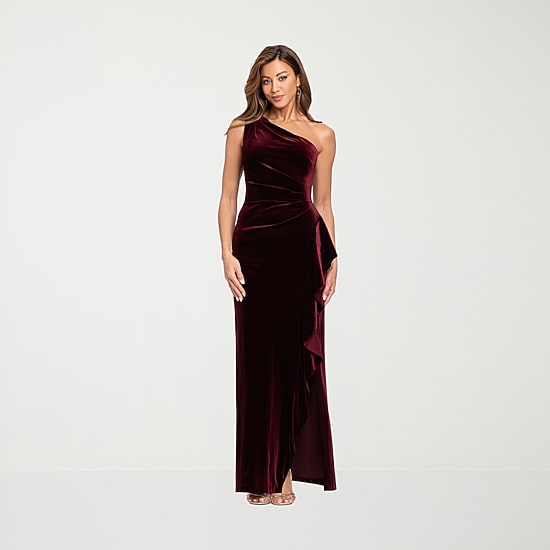 DJ Jaz Womens Asymmetrical Neck Sleeveless Velvet Evening Gown