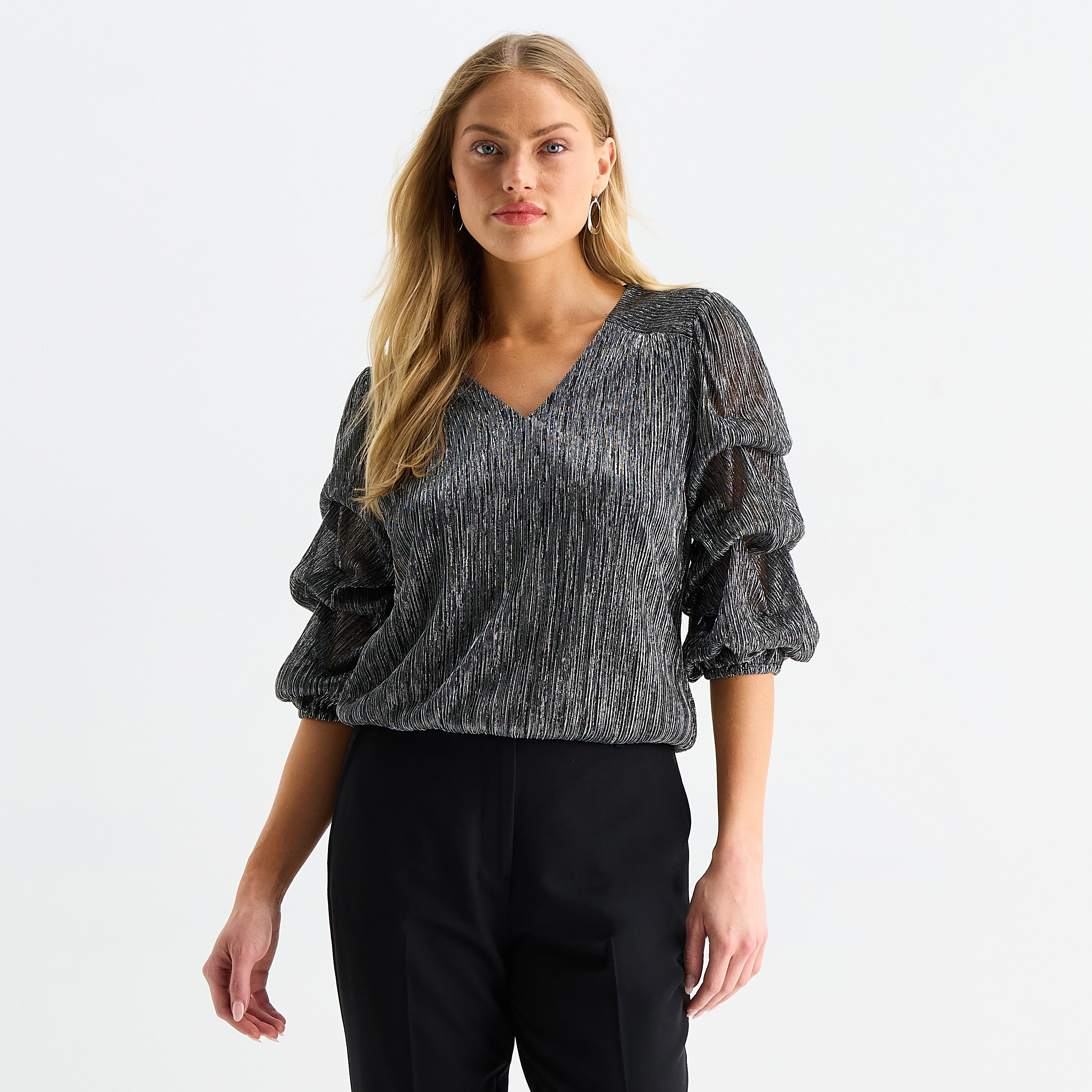 MSK Womens V Neck Elbow Sleeve Blouse