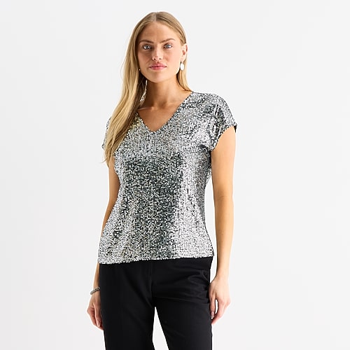 Msk Womens V Neck Short Sleeve Blouse In Silver