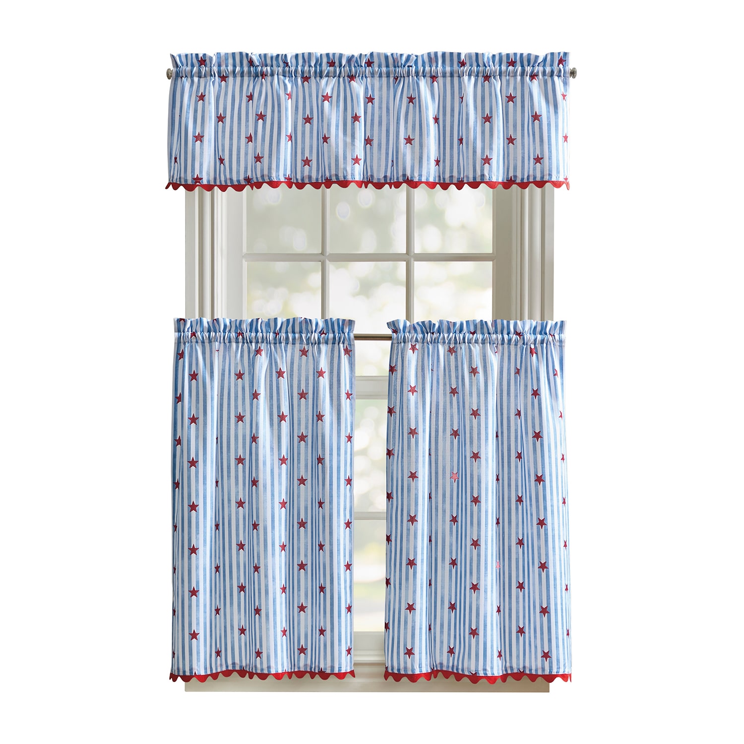 CURTIANWORKS Stars & Stripe 3-pc. Rod Pocket Kitchen Curtains & Drapes Window Set