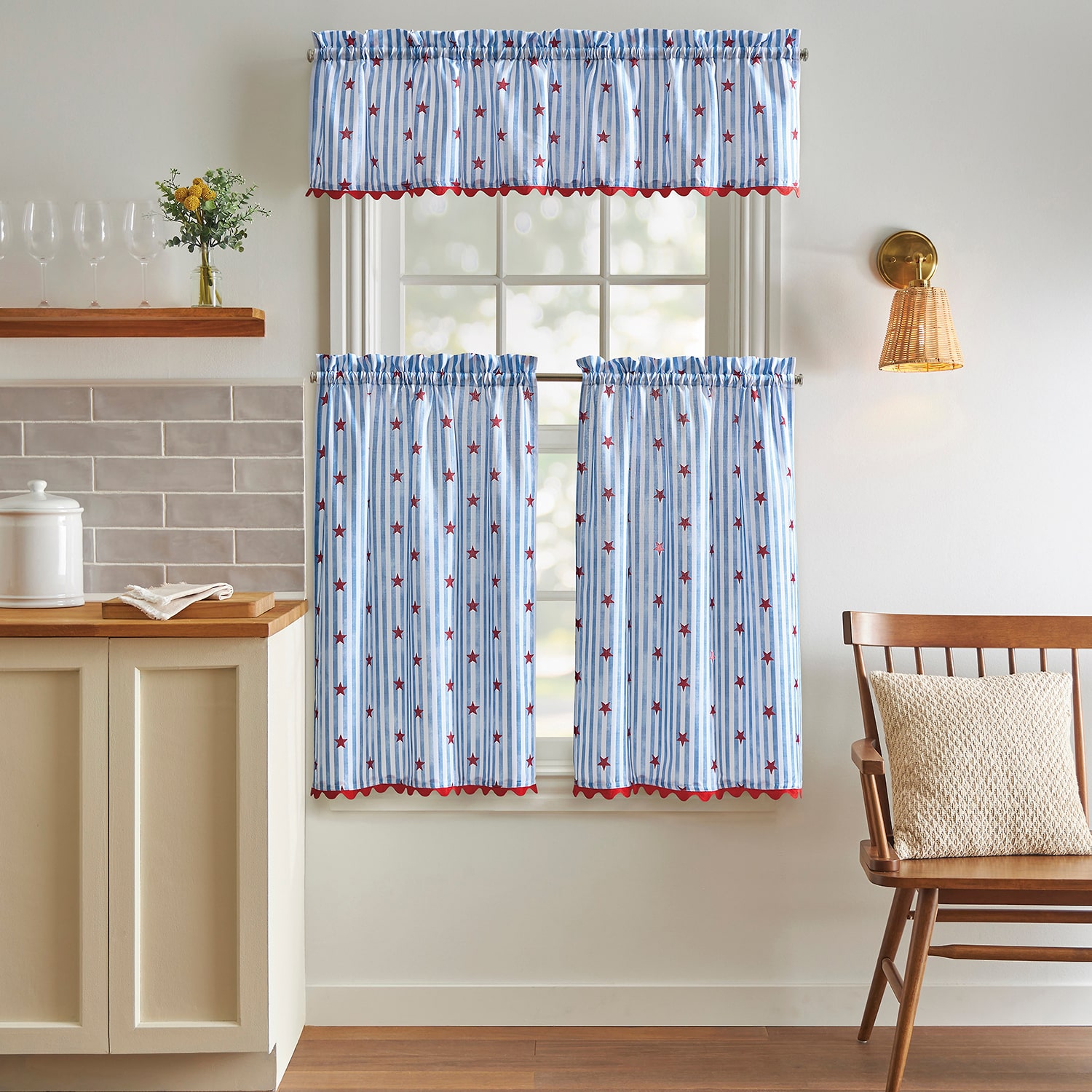 CURTIANWORKS Stars & Stripe 3-pc. Rod Pocket Kitchen Curtains & Drapes Window Set