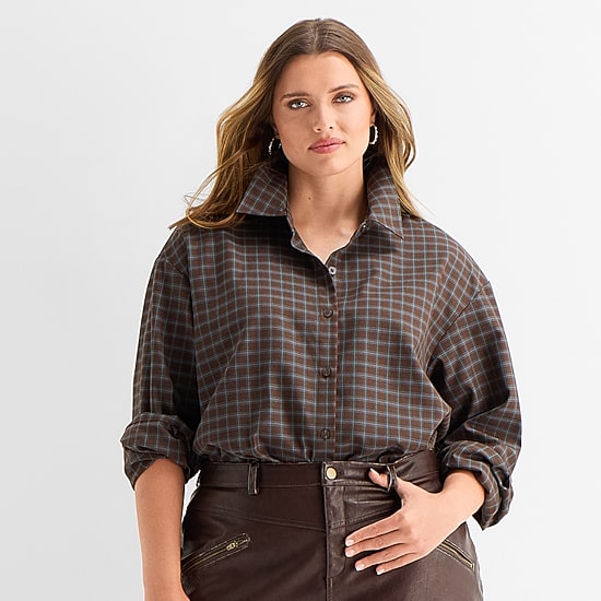 Ashley Graham Women's Plus Long Sleeve Button Front Shirt
