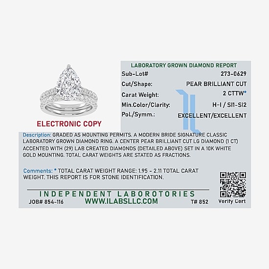 (H-I / SI1-SI2) Signature By Modern Bride Womens 2 CT. T.W. Lab Grown White Diamond In 14K Gold  Pear Bridal Set