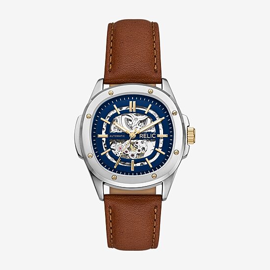 Relic By Fossil Malcolm Automatic Mens Automatic Brown Leather Strap Watch Zr77351