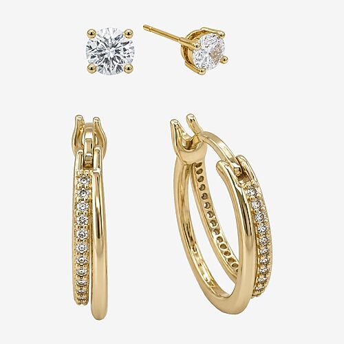 Sparkle Allure Sparkle Allure Womens Simulated Cubic Zirconia 14K Gold Over Brass Round 2 Pair Earring Set, One Size, Yellow