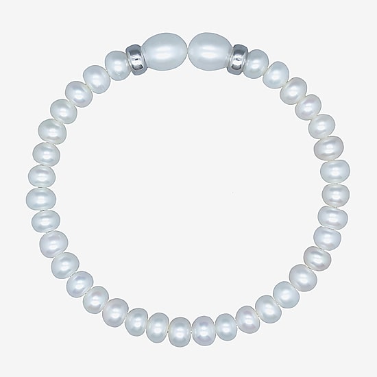 Womens White Cultured Freshwater Pearl Sterling Silver Bangle Bracelet