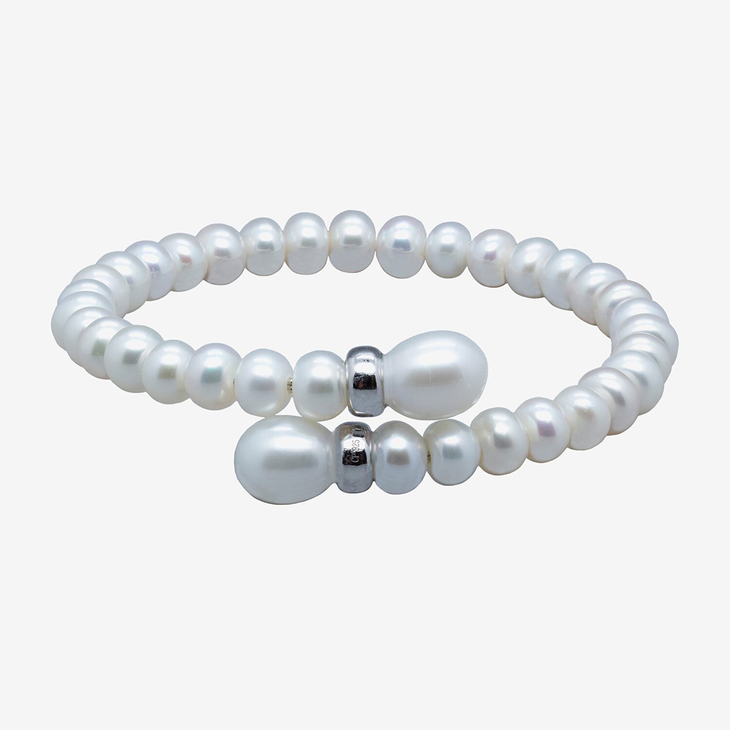 Womens White Cultured Freshwater Pearl Sterling Silver Bangle Bracelet