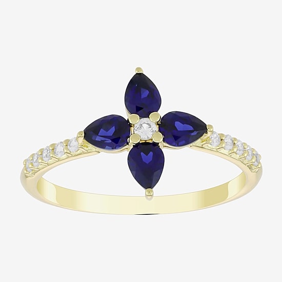 Womens Lab Created Blue Sapphire 14K Gold Over Silver Flower Side Stone Cocktail Ring