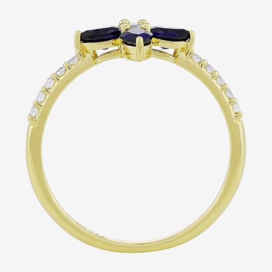 Womens Lab Created Blue Sapphire 14K Gold Over Silver Flower Side Stone Cocktail Ring
