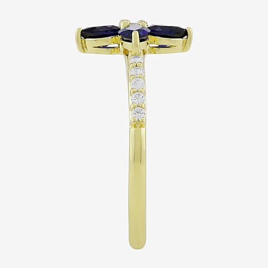 Womens Lab Created Blue Sapphire 14K Gold Over Silver Flower Side Stone Cocktail Ring