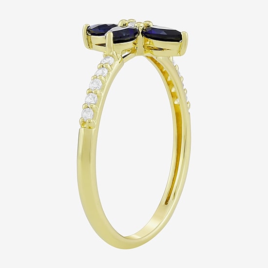 Womens Lab Created Blue Sapphire 14K Gold Over Silver Flower Side Stone Cocktail Ring