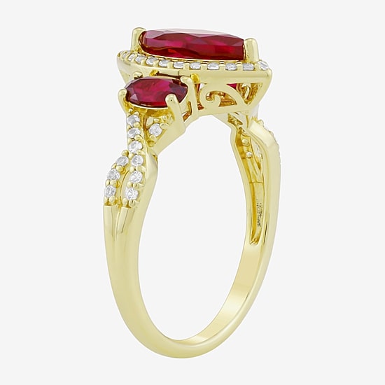 Womens Lab Created Red Ruby 14K Gold Over Silver Marquise Halo Side Stone Cocktail Ring