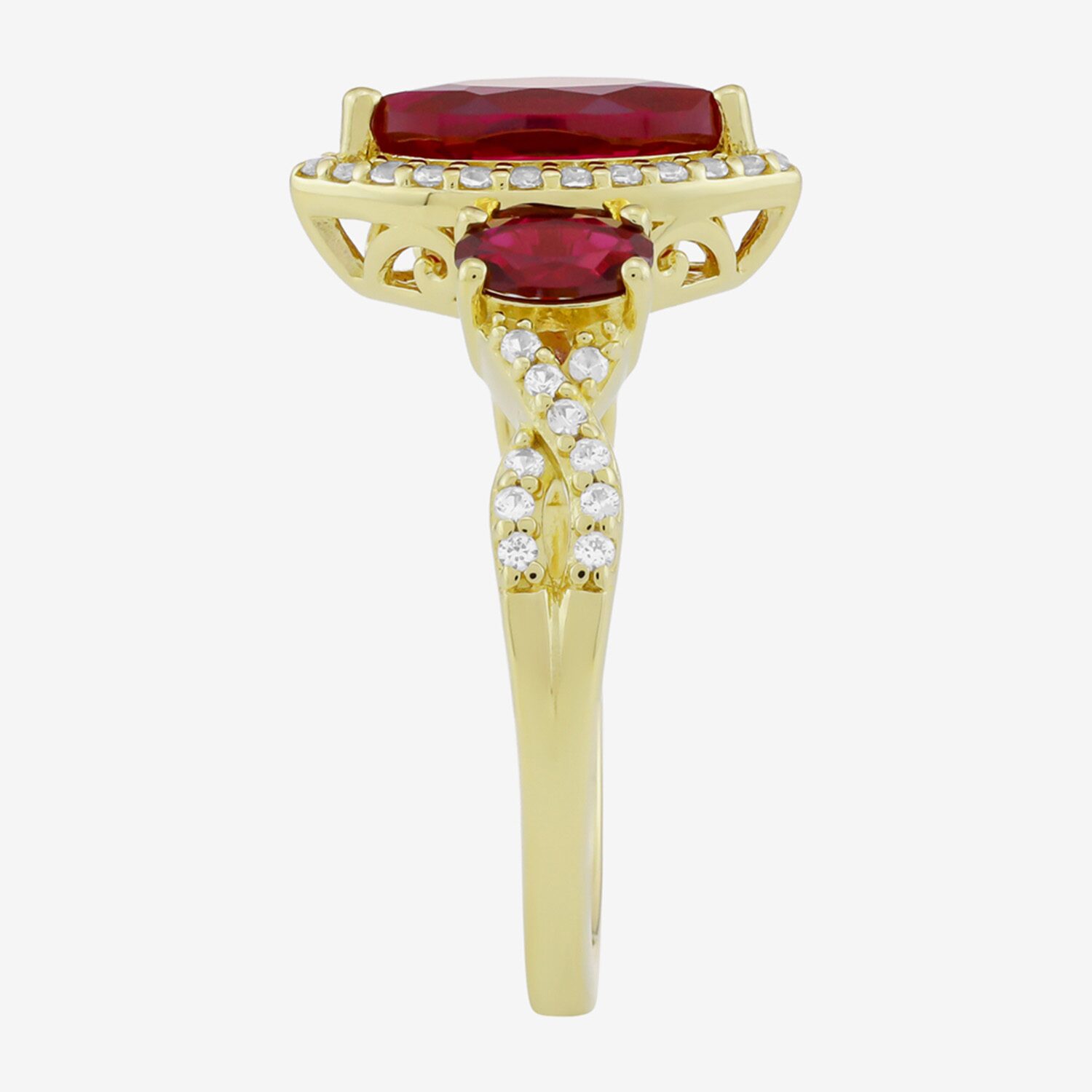 Womens Lab Created Red Ruby 14K Gold Over Silver Marquise Halo Side Stone Cocktail Ring
