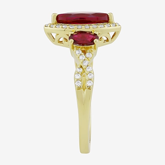 Womens Lab Created Red Ruby 14K Gold Over Silver Marquise Halo Side Stone Cocktail Ring
