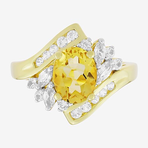 Womens Lab Created or Genuine Gemstone 14K Gold Over Silver Oval Side Stone Bypass Cocktail Ring, 9, Yellow