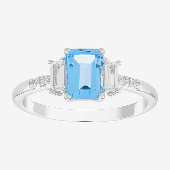 Womens Genuine Blue Topaz Sterling Silver Side Stone Cocktail Ring