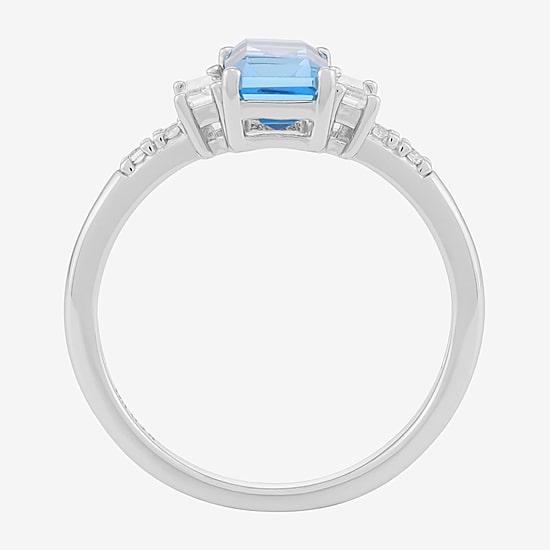 Womens Genuine Blue Topaz Sterling Silver Side Stone Cocktail Ring