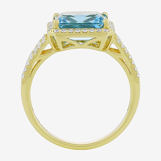 Womens Genuine Blue Topaz 14K Gold Over Silver Halo Side Stone Cocktail Ring