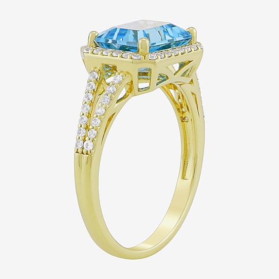 Womens Genuine Blue Topaz 14K Gold Over Silver Halo Side Stone Cocktail Ring