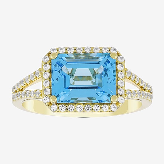 Womens Genuine Blue Topaz 14K Gold Over Silver Halo Side Stone Cocktail Ring