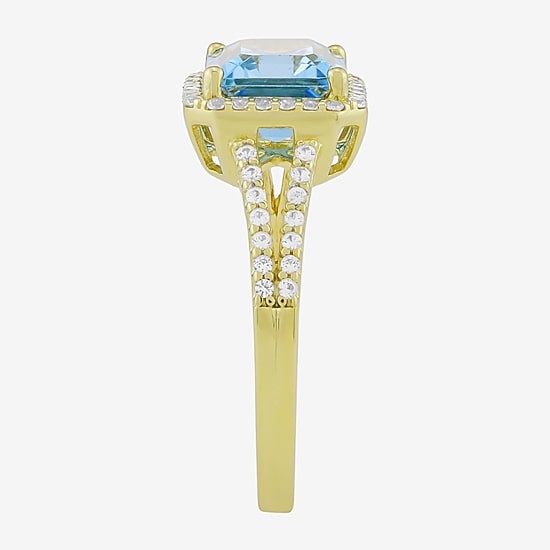 Womens Genuine Blue Topaz 14K Gold Over Silver Halo Side Stone Cocktail Ring