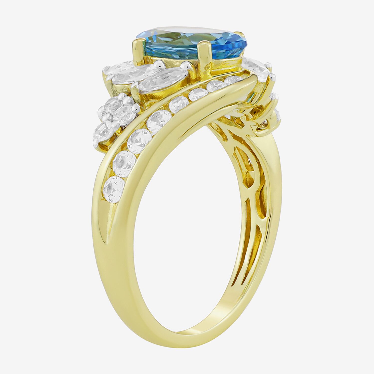 Womens Genuine Blue Topaz 14K Gold Over Silver Oval Side Stone Bypass  Cocktail Ring