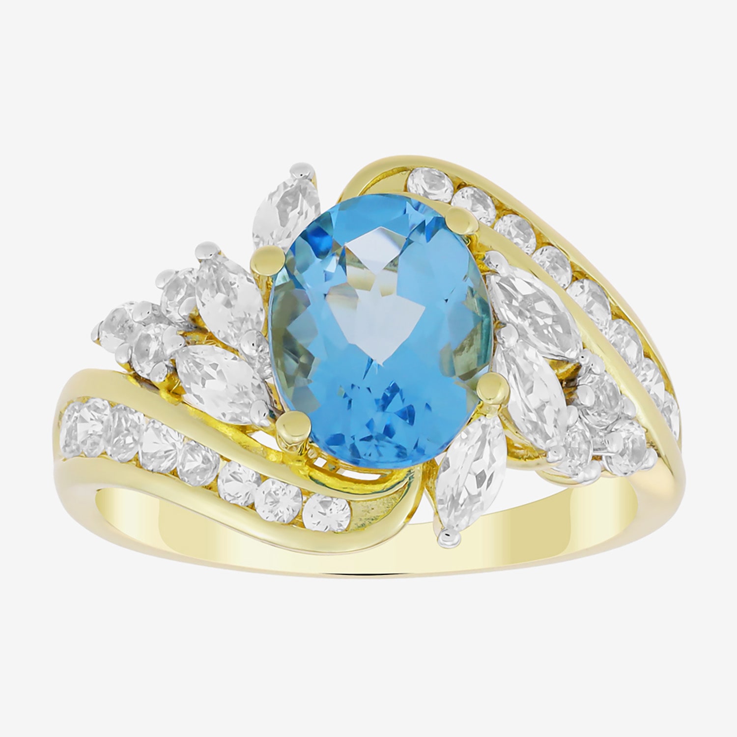 Womens Genuine Blue Topaz 14K Gold Over Silver Oval Side Stone Bypass  Cocktail Ring