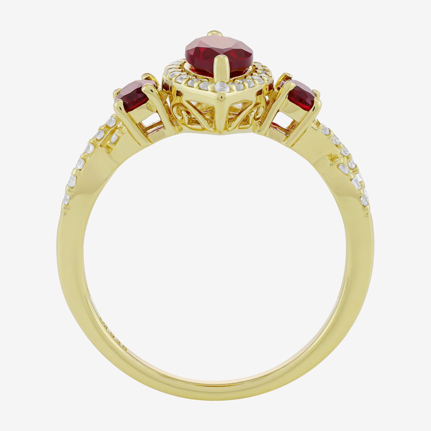Womens Lab Created Red Ruby 14K Gold Over Silver Marquise Halo Side Stone Cocktail Ring