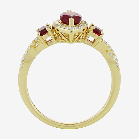 Womens Lab Created Red Ruby 14K Gold Over Silver Marquise Halo Side Stone Cocktail Ring