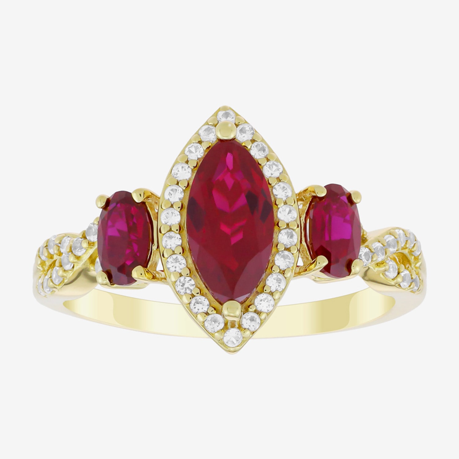 Womens Lab Created Red Ruby 14K Gold Over Silver Marquise Halo Side Stone Cocktail Ring