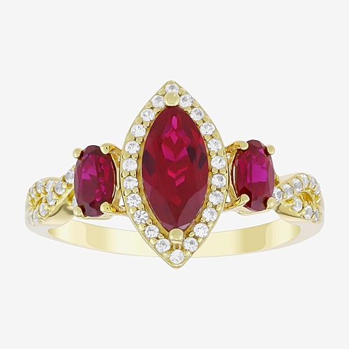 Womens Lab Created Red Ruby 14K Gold Over Silver Marquise Halo Side Stone Cocktail Ring, 9, Red