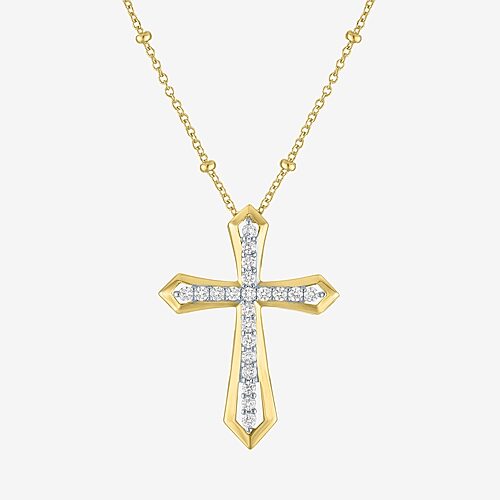 Yes, Please! Womens Lab Created White Sapphire 14K Gold Over Brass Cross 16 Inch Pendant Necklace, One Size, White