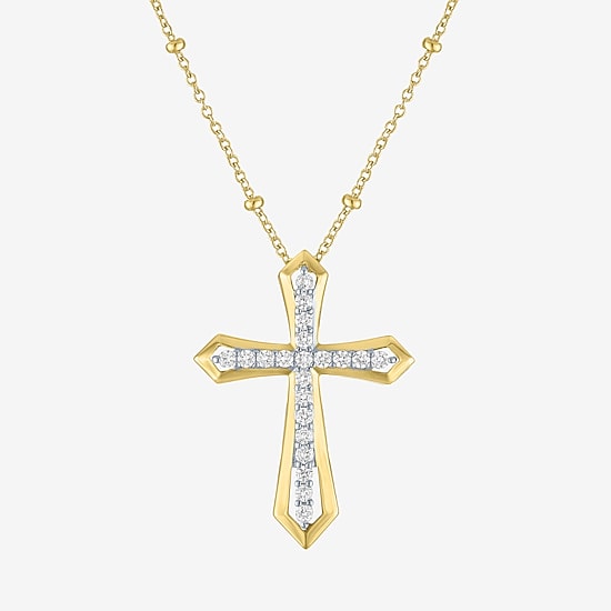 Yes, Please! Womens Lab Created White Sapphire 14K Gold Over Brass Cross 16 Inch Pendant Necklace