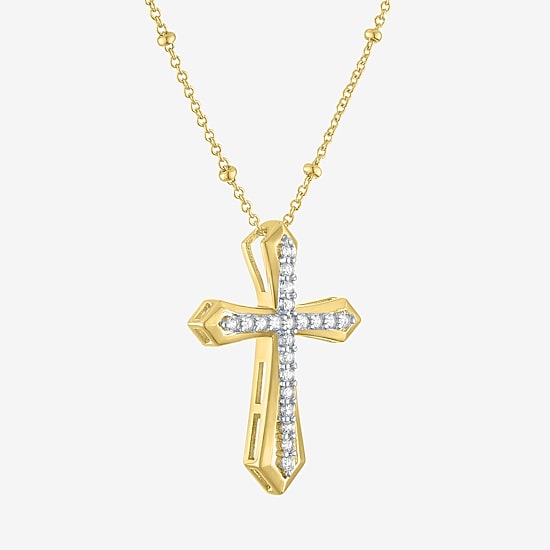 Yes, Please! Womens Lab Created White Sapphire 14K Gold Over Brass Cross 16 Inch Pendant Necklace