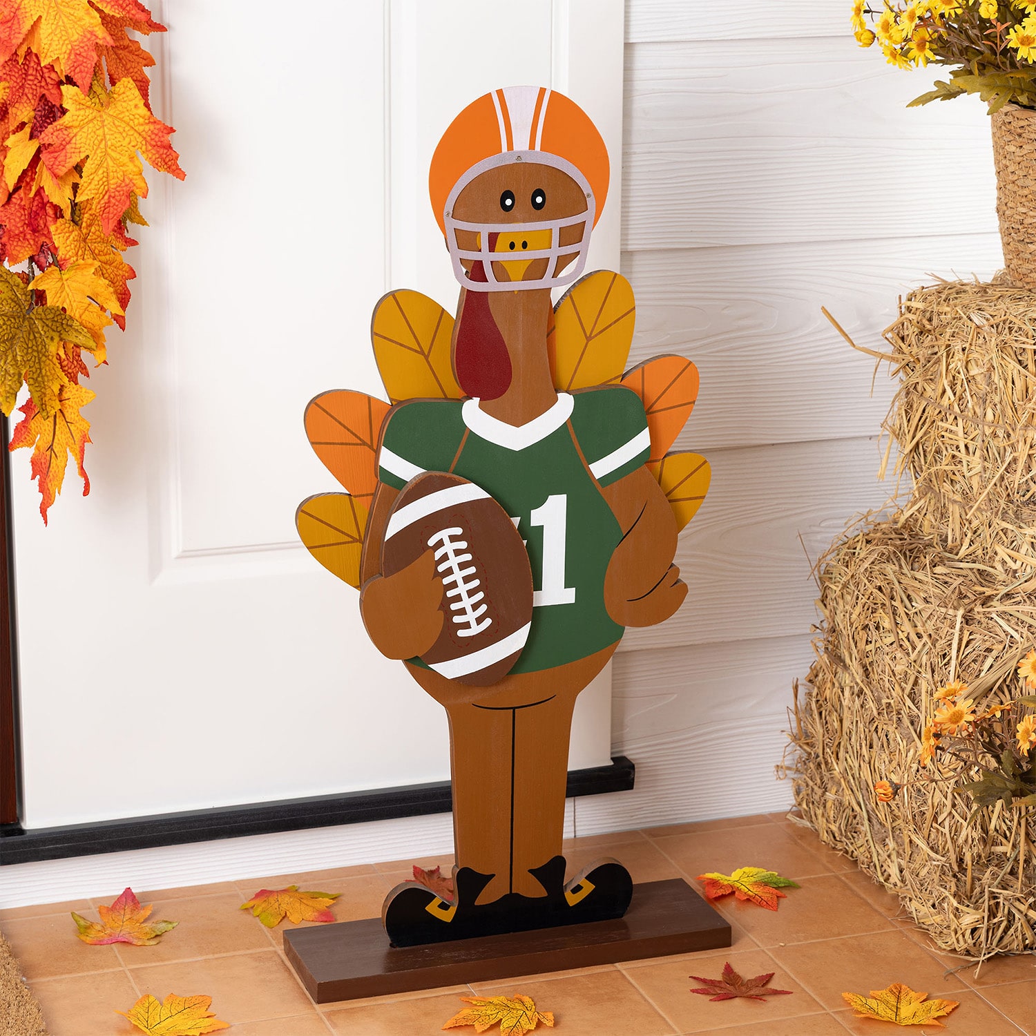 Glitzhome 30" Wooden Football Turkey Thanksgiving Porch Sign