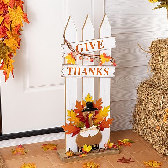 Glitzhome 28" Wooden Fence Turkey Thanksgiving Porch Sign