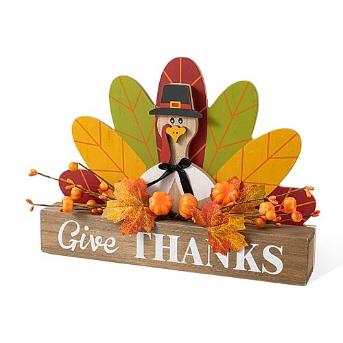 Glitzhome 12" Wooden Turkey Thanksgiving Tabletop Decor In Orange