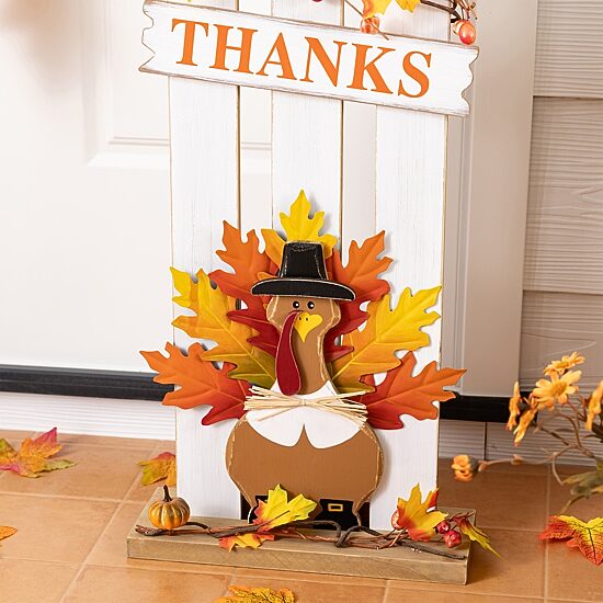 Glitzhome 28" Wooden Fence Turkey Thanksgiving Porch Sign