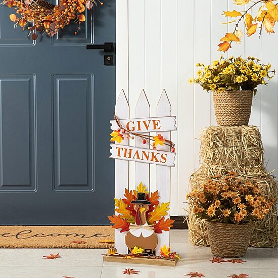 Glitzhome 28" Wooden Fence Turkey Thanksgiving Porch Sign