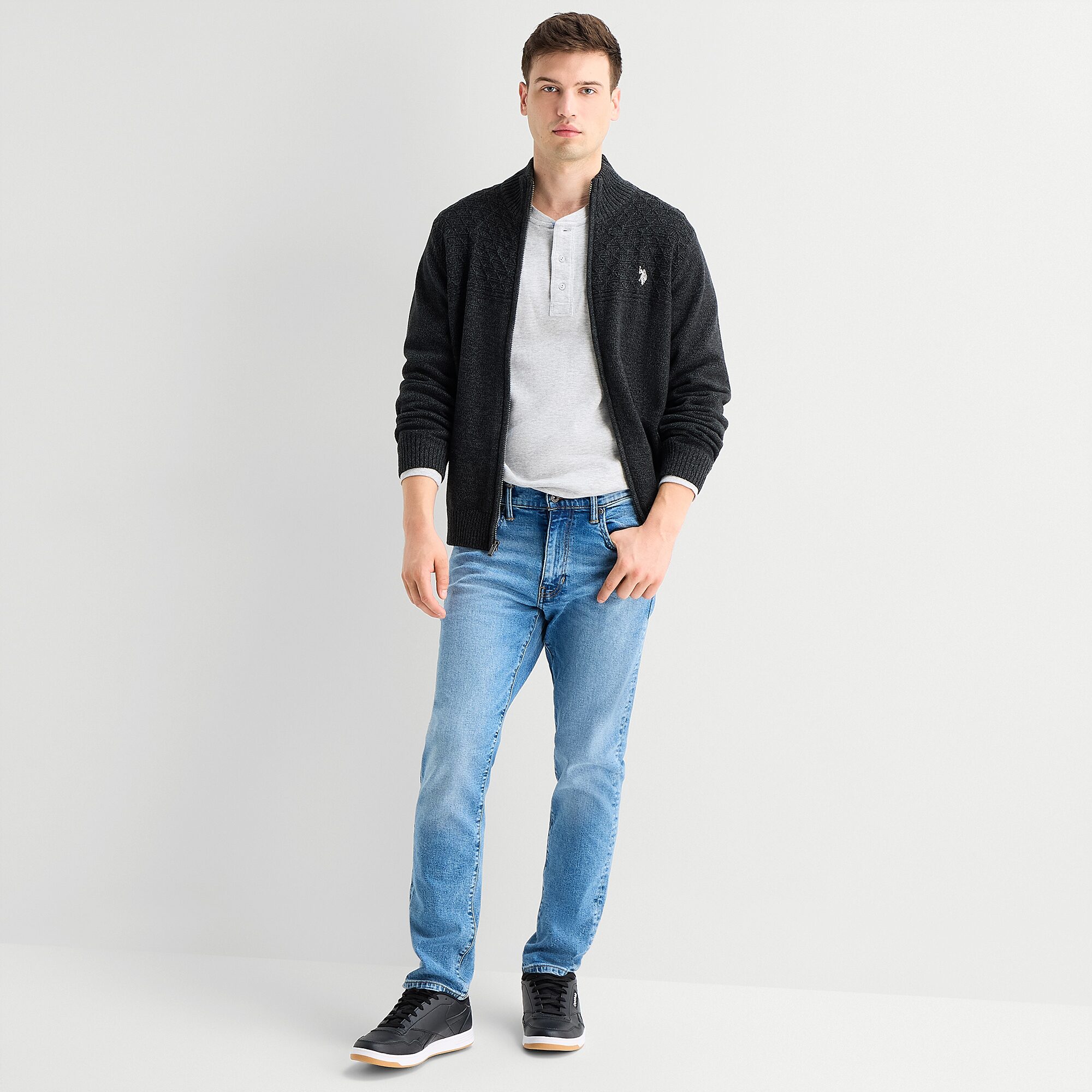 U.S. Polo Assn. 7gg Textured Mens Mock Neck Long Sleeve Zipper Cardigan
