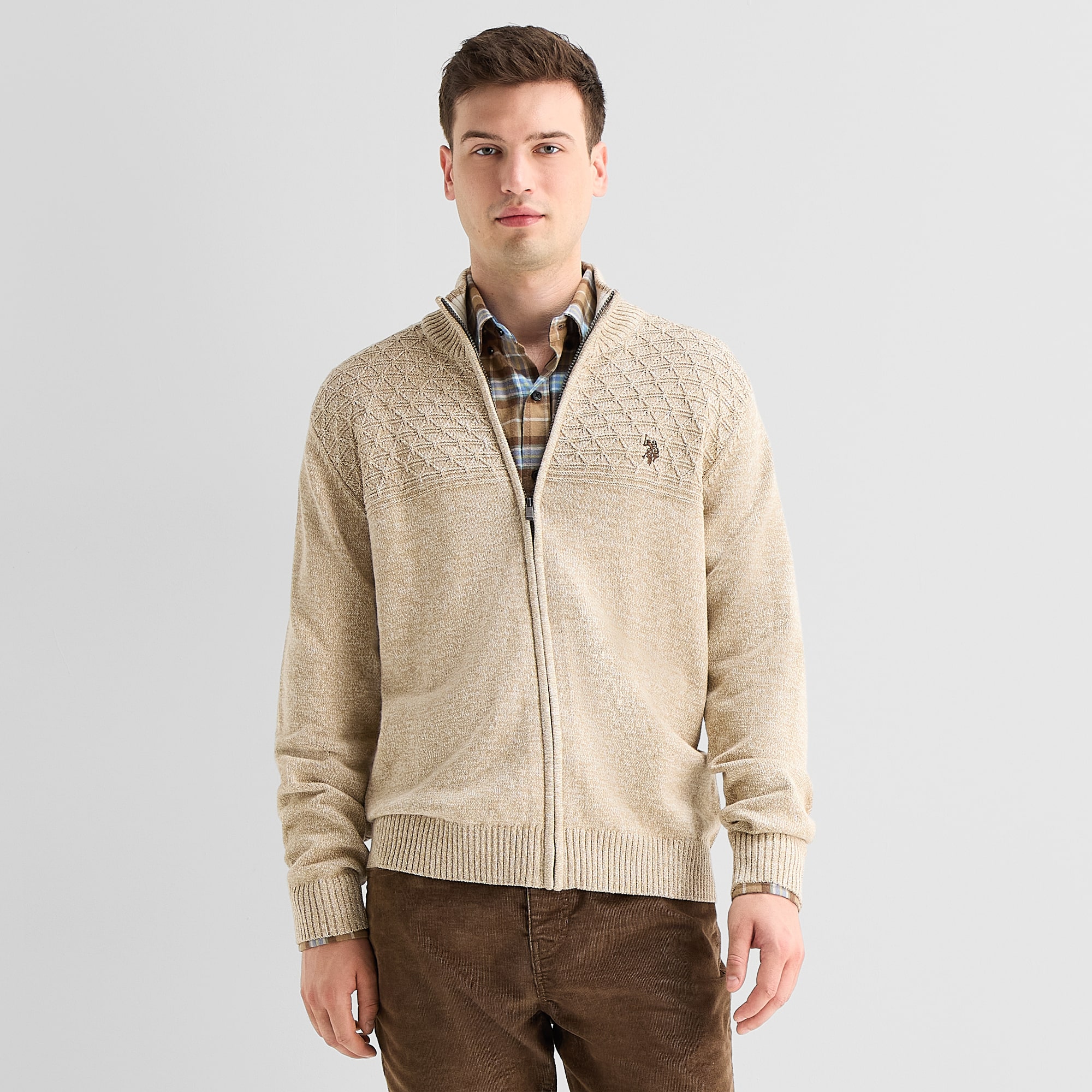 U.S. Polo Assn. Textured Mens Mock Neck Long Sleeve Zipper Cardigan