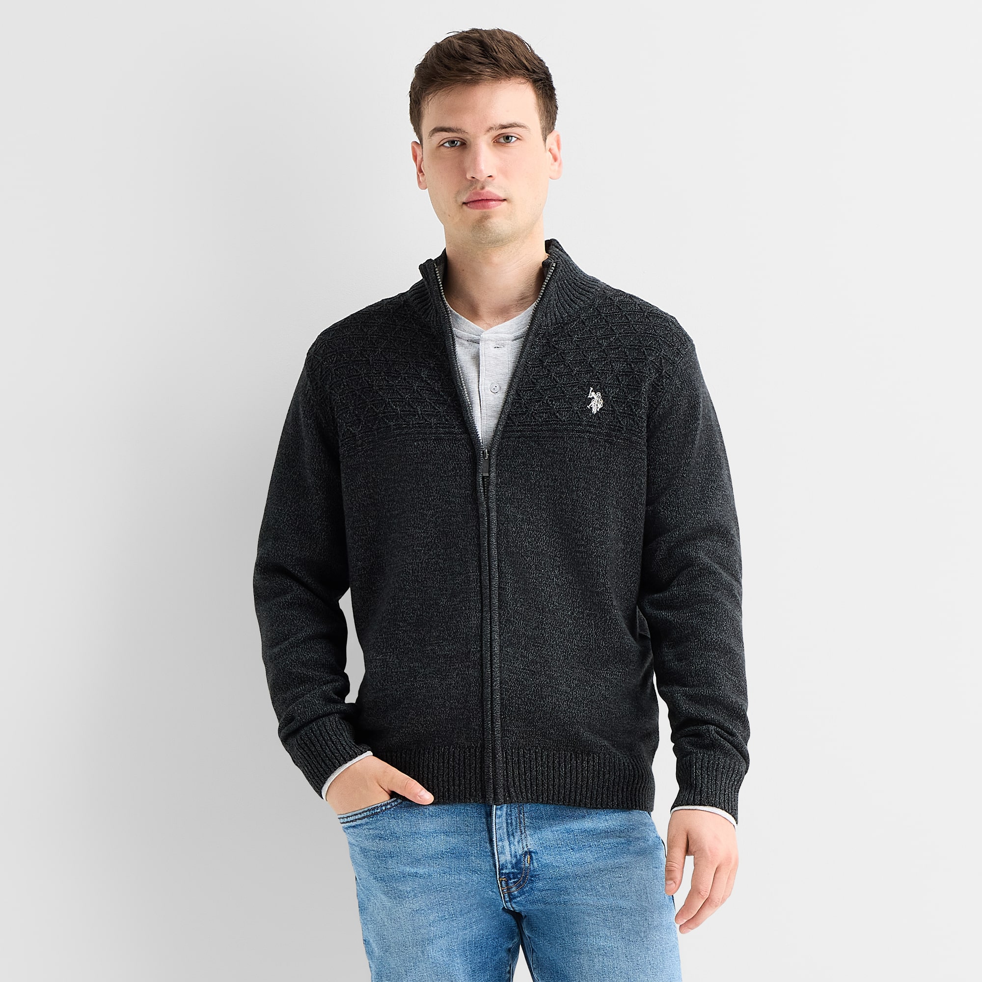 U.S. Polo Assn. 7gg Textured Mens Mock Neck Long Sleeve Zipper Cardigan