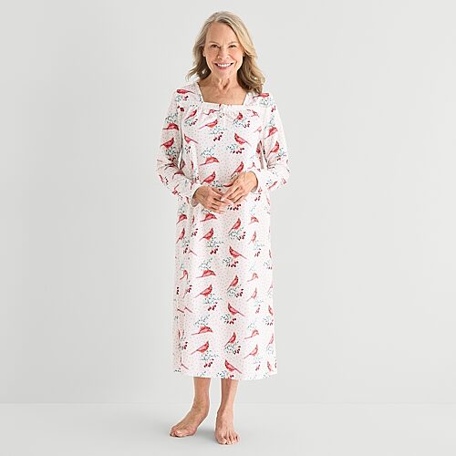 Adonna Womens Fleece Long Sleeve Square Neck Nightgown In White